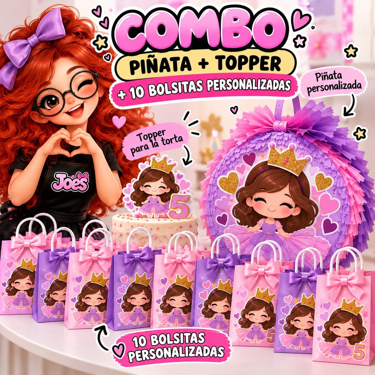 Combo piñata + topper + 10 bolsitas personalizadas